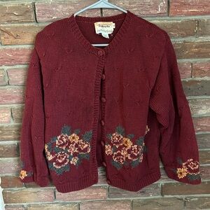 Talbots Red and Green Cardigan Sweater with Floral Embroidery